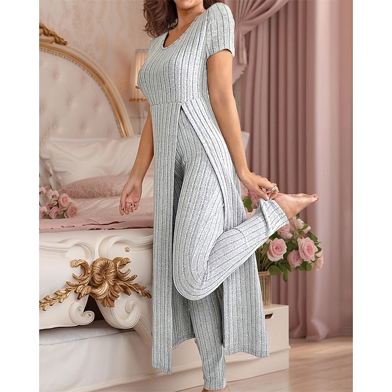 Women's Fashion Streetwear Blouse Skirt Sets Pants Sets Short Sleeve Round Neck Solid Color Split Outdoor Casual Daily Black Gray Summer Regular Fit