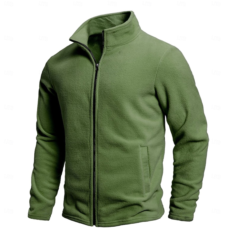 Men's Fleece Jacket Formal Home Thermal Warm Pocket Plain Fall Solid Color Active Neutral High Neck Regular Blue Green Beige Gray Jacket