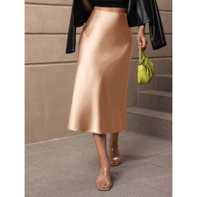 Women's Skirt Bodycon Elegant Fashion Midi High Waist Skirts Plain Micro-elastic Party Street Black Army Green Red Brown Spring Satin Polyester2