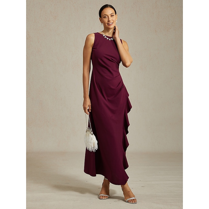 Women's Maxi Dress Sheath Dress Pleated Dress Ruffle Dress Elegant Party Semi Formal Wedding Guest Evening Party Graduation Solid Color Sleeveless Crew Neck Boat Neck Burgundy Summer Spring Fall