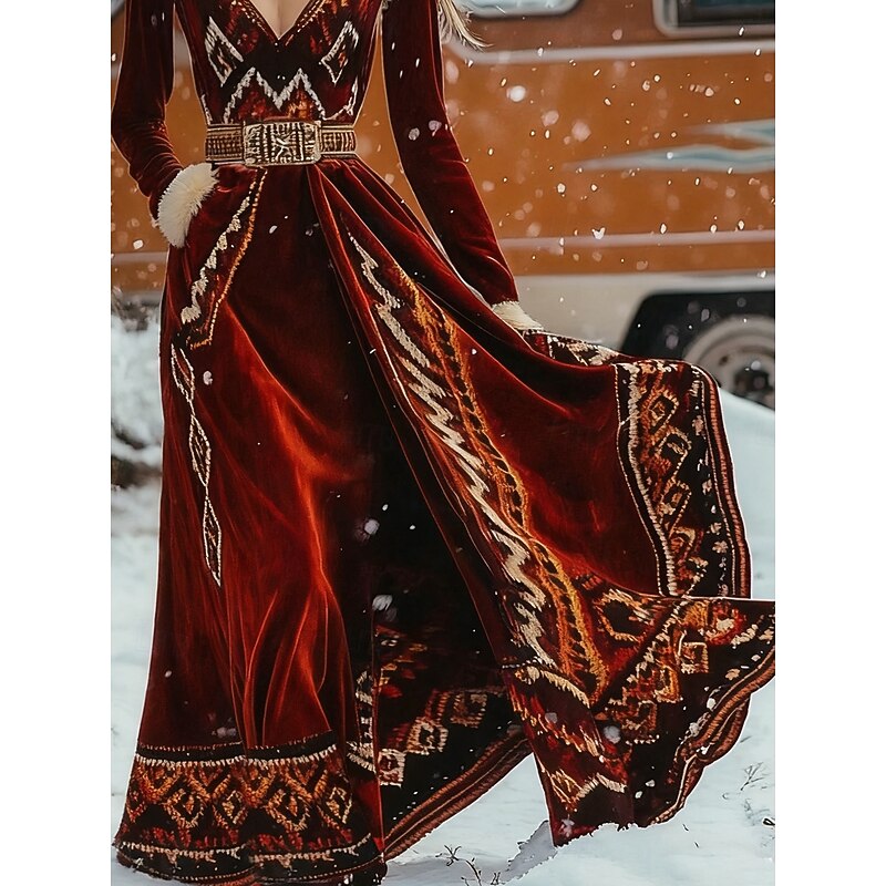 Women's Maxi Dress A Line Dress Casual Daily Regular Fit Ethnic Long Sleeve V Neck Wine Fall Winter3