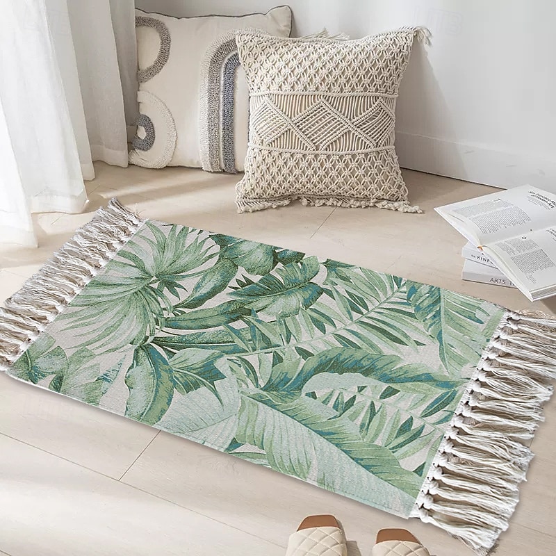 Woven Tassel Rug For Outdoor Picnic Camping Mat Portable Washable Plant Floral Pattern Floor Carpet Decorative Soft Durable Travel Blanket Home Garden Beach Accessories