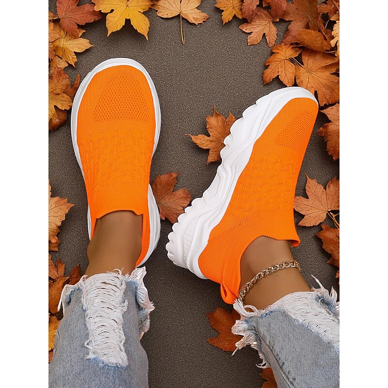 Women's Orange Slip-On Flyknit Sneakers – Breathable Mesh Lightweight Walking Shoes with Chunky Sole for Casual and Sport4