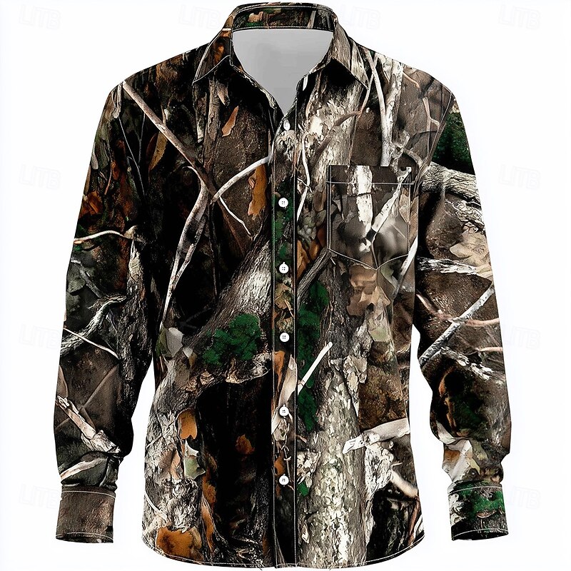 Men's Camo Camouflage Shirt Button Up Shirt Long Sleeve Vintage Retro Outdoor Camping & Hiking Hunting Spring Fall Turndown 3D Print Front One Pocket Linen Like Shirt Black