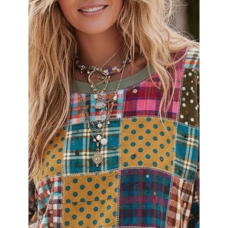 Women's Pullover Hoodies Floral Plaid Vintage Streetwear Casual Long Sleeve Crew Neck Hooded Regular Tops Dailywear Casual Drawstring Patchwork Print Yellow Spring Fall3