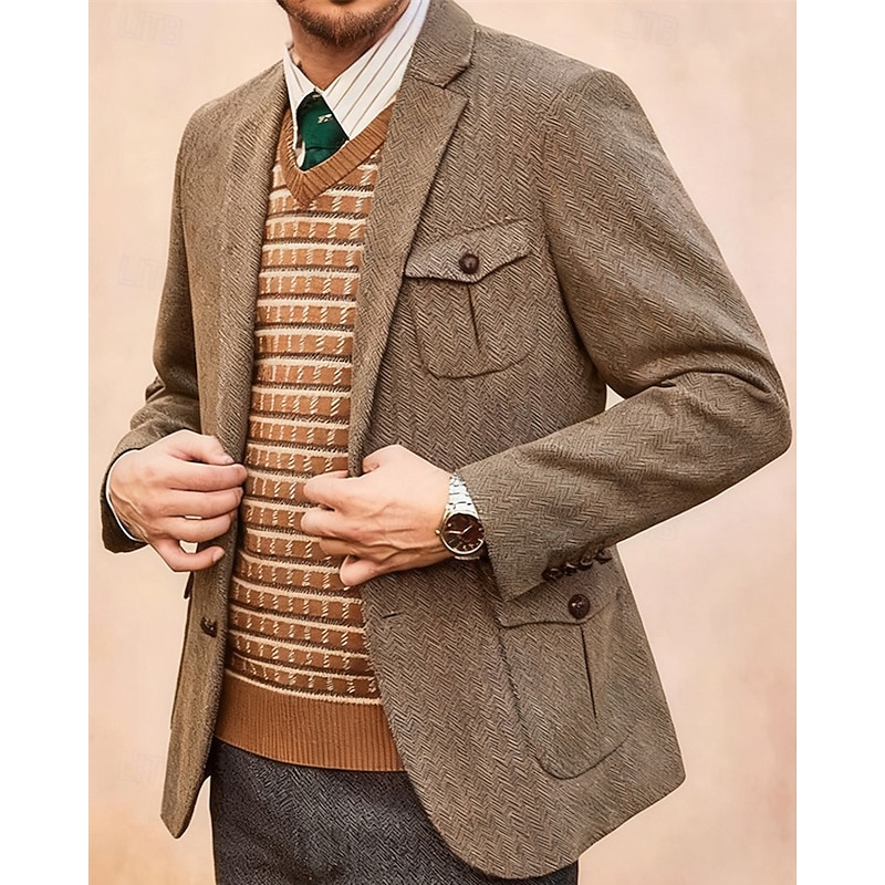 Men's Blazer Business Cocktail Party Wedding Party Fashion Casual Spring Fall 85% Cotton Plain Pocket Buttons Comfortable Single Breasted Blazer Camel2