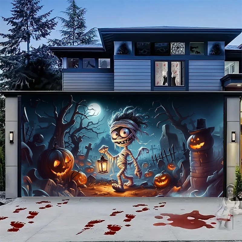 Halloween Garage Door Cover Pumpkin Tomb Castle Mummy Banner Haunted House Horror Scene Spooky Backdrop Tapestry for Outdoor Wall Fence Yard Halloween Party Decoration2