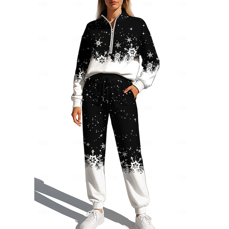 Christmas Women's Sweatshirt Tracksuit Sweatsuit Drawstring Zipper Jacket and Sweatpants Athletic Clothing Set Spring Black with White Casual Workout Outdoor Soft Baggy Long Sleeve Sport Activewear