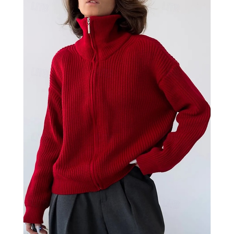 Women's Sweater Cardigan Streetwear Casual Solid Color Stand Collar Zipper Knitted Long Sleeve Regular Tops Knit Daily Holiday Going out Black Red Fall Winter