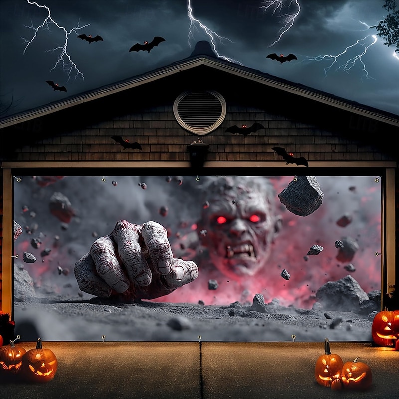 Halloween Garage Door Cover Large Hanging Backdrop Zombies 3D Dark Punk Gothic Style Party Outdoor Shooting Backgrounds Yard Haunted House Home Decor