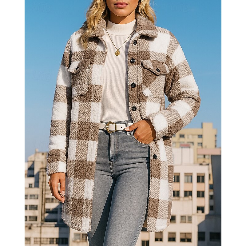 Women's Long Winter Coat Polar Fleece Jacket with Pockets Long Sleeve Top Athleisure Fall Plaid Checkered Windproof Warm Hiking Outdoor Travel Sportswear Activewear Black Khaki4