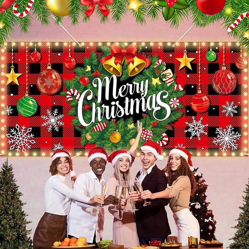 Christmas Outdoor Garage Door Cover Merry Christmas Wreath Bell Snowflake Candy Large Tapestry Backdrop Holiday Party Wall Decoration For Outdoor Garage Door Home Festival Celebration Decor4