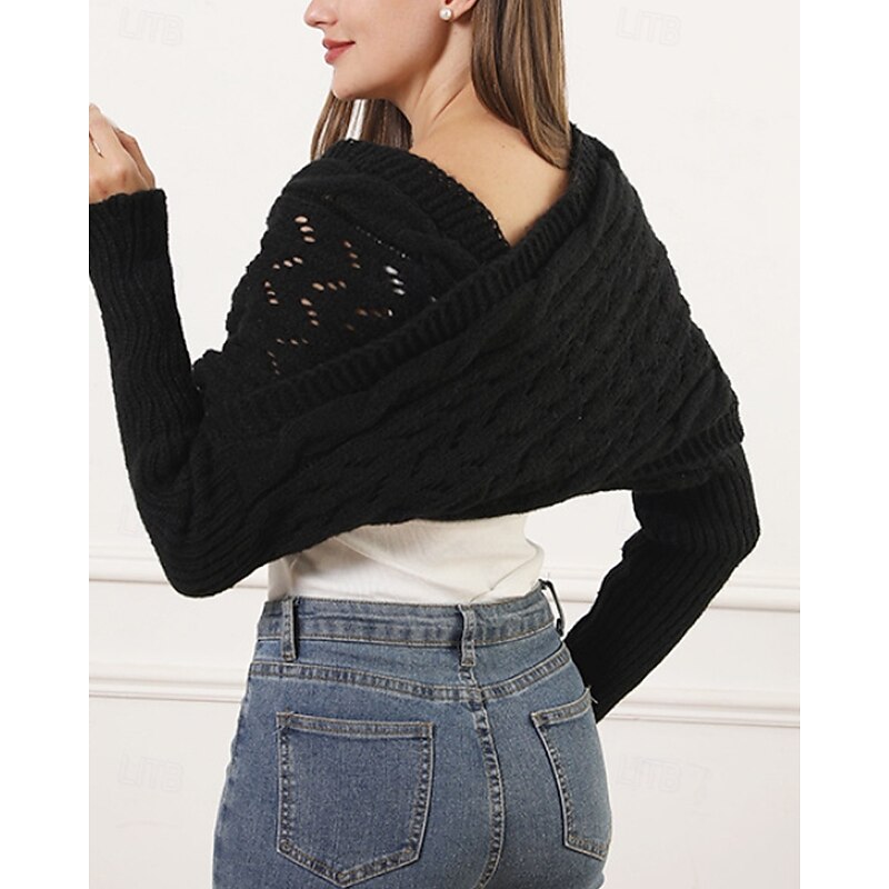 Women's Sweater Shrug Streetwear Casual Solid Color Boat Neck Hollow Out Knitted Long Sleeve Crop Tops Knit Holiday Going out Weekend Wine Red Black Fall Winter2
