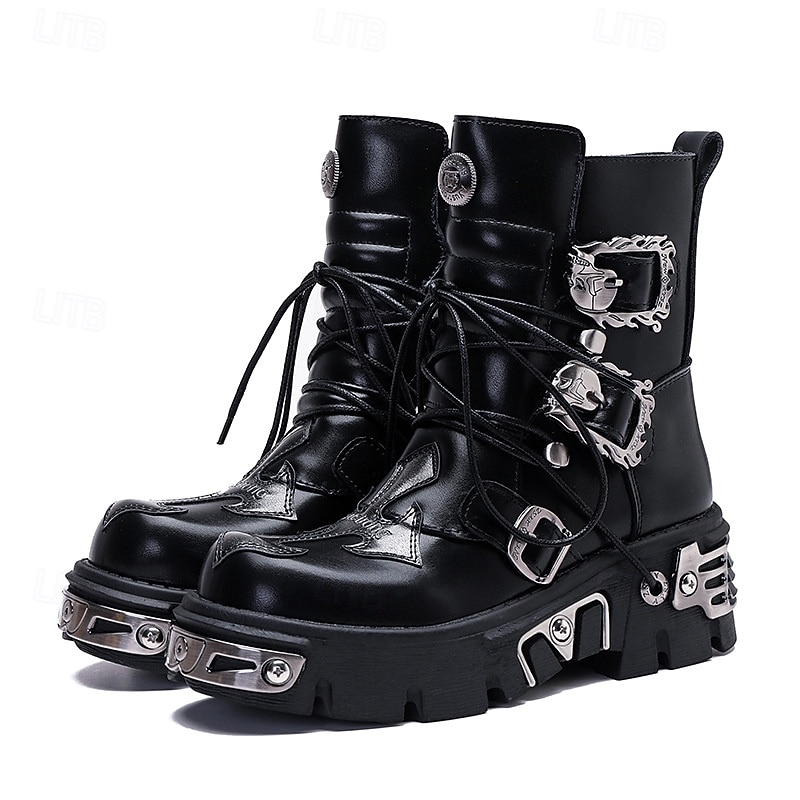 Men's Black Gothic Platform Boots Heavy Duty Lace-Up Biker Boots with Buckles and Metal Accents for Halloween Parties, Cosplay Costumes and Stage Performances2