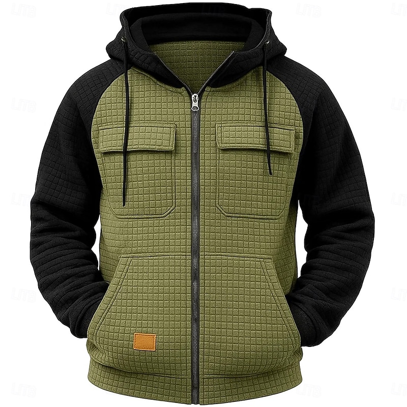 Men's Hoodie Full Zip Hoodie Waffle Hoodies Tactical Hoodie Army Green Navy Blue Khaki Light Grey Hooded Plain Zipper Color Block Sports & Outdoor Casual Daily Streetwear Cool Sportswear Fall Spring2
