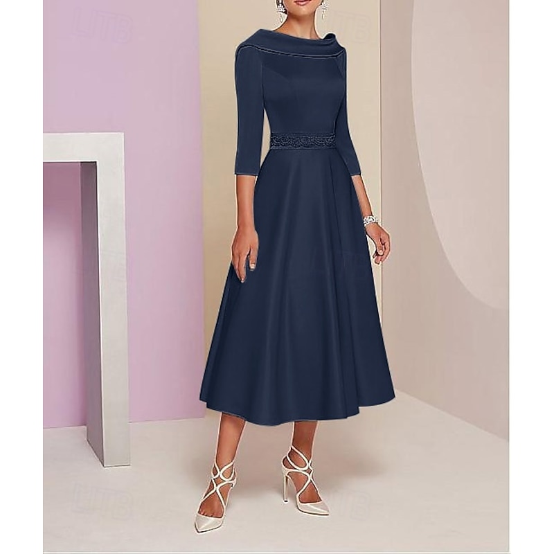 A-Line Dress Mother of the Bride Dress Elegant Vintage Bateau Neck Tea Length Satin 3/4 Length Sleeve with Beading Race Day Dress 7