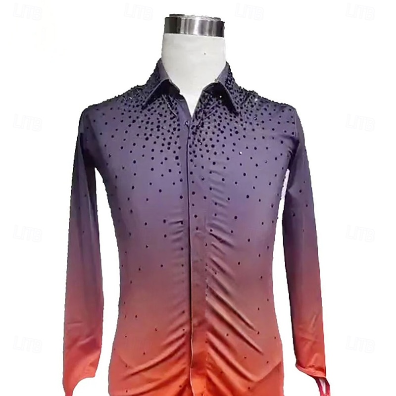 Figure Skating Top Men's Boys' Ice Skating Tops Orange Patchwork Thumbhole Spandex High Elasticity Training Competition Skating Wear Classic Crystal / Rhinestone Long Sleeve Ice Skating Figure Skating