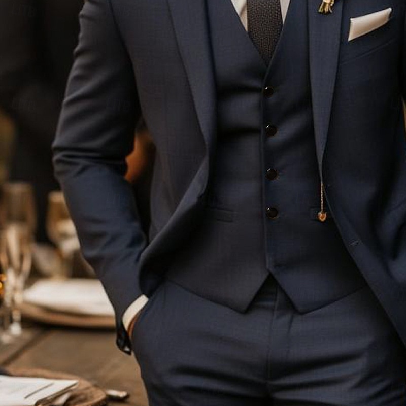 Men's Wedding Wedding Suits Notch Lapel Navy Blue Formal Solid Colored Slim Fit 3 Piece3