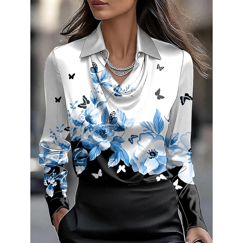 Women's Shirt Floral Graphic Elegant Stylish Casual Long Sleeve Cowl Neck Regular Tops Work Party Evening Wear Daily Ruched Draped Red Blue Purple Green Gray Summer Fall2