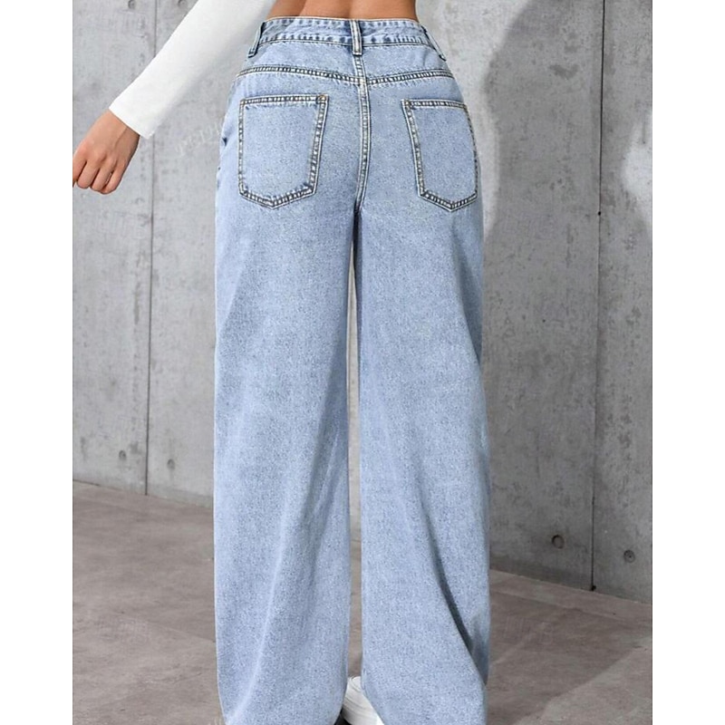 Women's Jeans Culottes Wide Leg Chinos Streetwear Casual Full Length Medium Waist Plain Pocket Elastic Waist Comfortable Micro-elastic Outdoor Vacation Street Pink Blue Dusty Blue Fall Winter Regular
