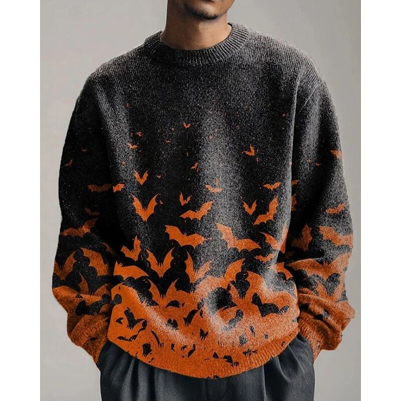 Men's Pullover Sweater Jumper Knit Sweater Ribbed Knit Regular Tops Knitted Print Bat Crew Neck Halloween Vacation Daily Wear Clothing Apparel Drop Shoulder Fall Winter Black S M L2