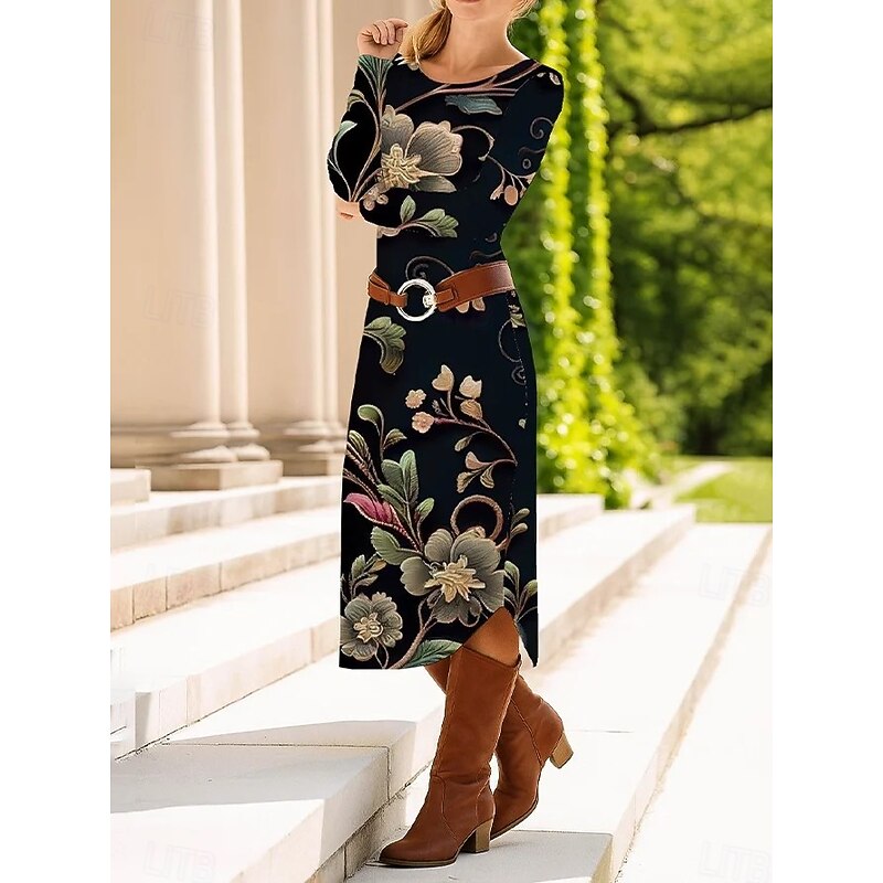Women's Midi Dress Sheath Dress Shift Dress Casual Daily Regular Fit Floral Graphic Paisley Long Sleeve Crew Neck Black Spring Fall Winter Autumn
