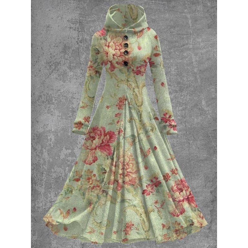 Women's Maxi Dress A Line Dress Casual Daily Regular Fit Floral Long Sleeve Hooded Royal Blue Blue Sky Blue Green Spring Fall4