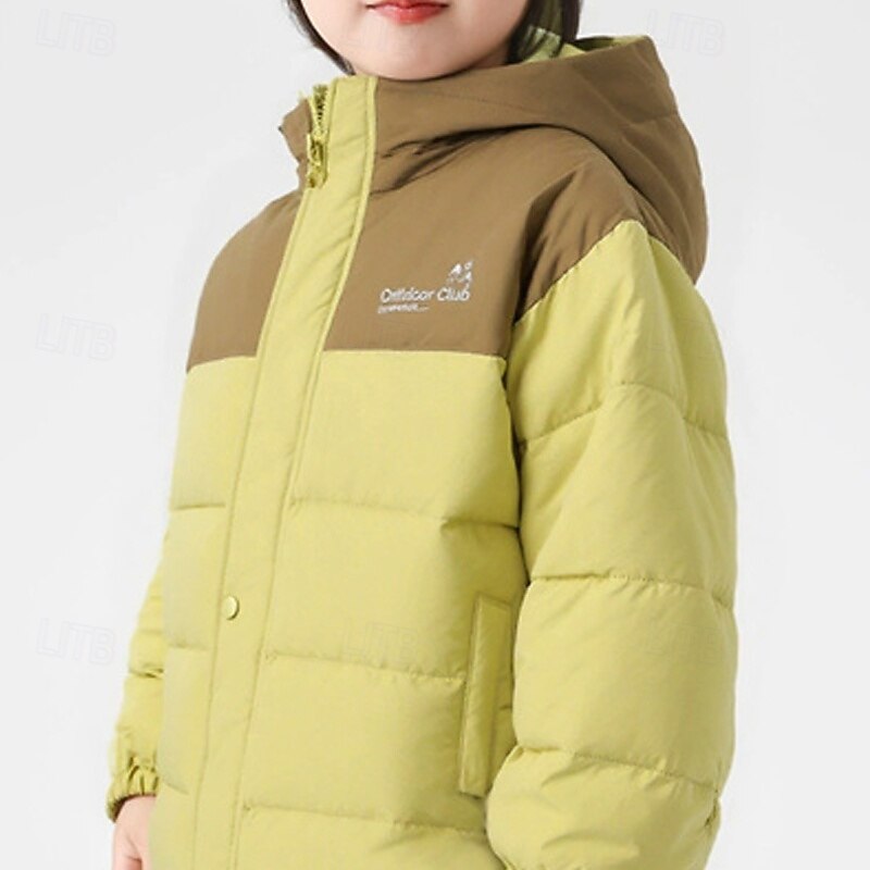 Kids Unisex Down Jacket Hoodie Jacket Puffer Jacket Outerwear Color Block Long Sleeve Lightweight Comfort Keep Warm Soft Coat Outdoor Daily Basic Yellow Green Fall Winter 4 years+2
