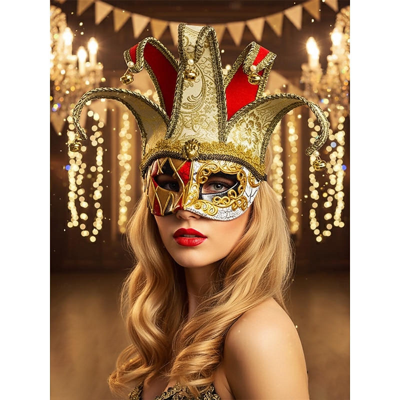 Women's Venetian Jester Mask with Gold Trim and Bells, Baroque Style Masquerade Costume Accessory for Halloween Party2