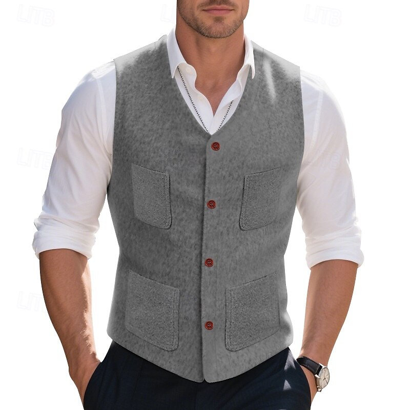 Men's Vest Waistcoat Gilet Vacation Party Business Fashion Casual Spring Fall Pocket Buttons Polyester Comfortable Plain Single Breasted One-button V Neck Regular Fit Black Gray Vest