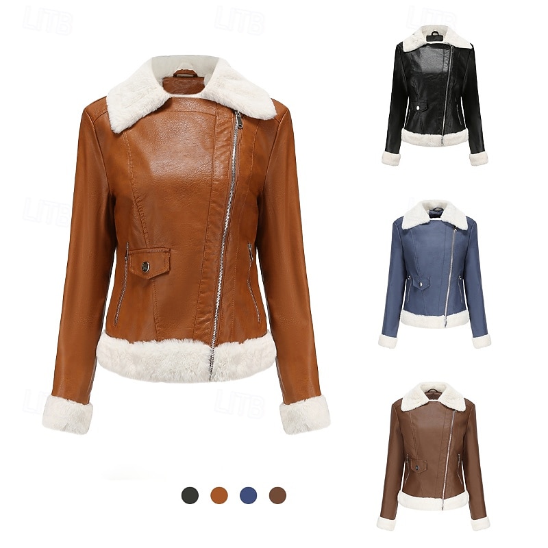 Women's Faux Leather Jacket Warm Comfortable Zipper Pocket Casual Plain Outdoor Vacation Going out Weekend Regular Turndown Regular Fit Long Sleeve Outerwear Black Royal Blue Camel Fall Winter