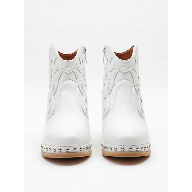 Women's White Leather Western Ankle Boots - Studded Trim, Embroidered Design, and Chunky Wooden Heel for Trendy Casual Outfits3