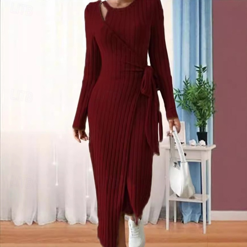 Women's Mini Dress Sweater Dress Casual Dress Fashion Modern Daily Date Weekend Regular Fit Plain Long Sleeve Crew Neck Wine Light Grey Fall Winter3