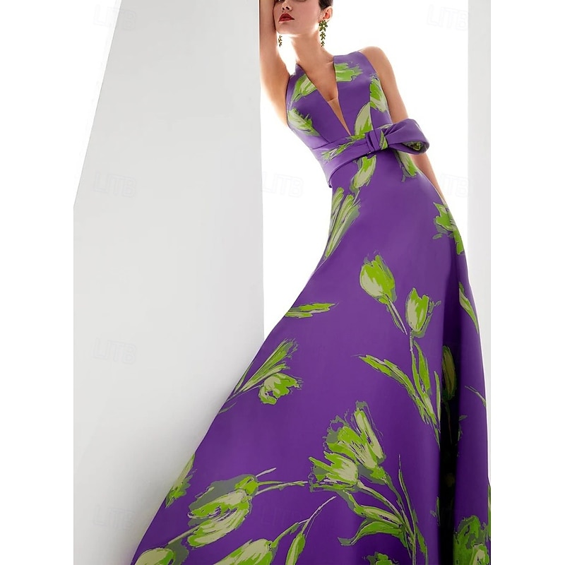 A-Line Evening Gown Elegant Dress Formal Floor Length Sleeveless V Neck Satin with Floral Print Bow(s) Wedding Guest Dress3