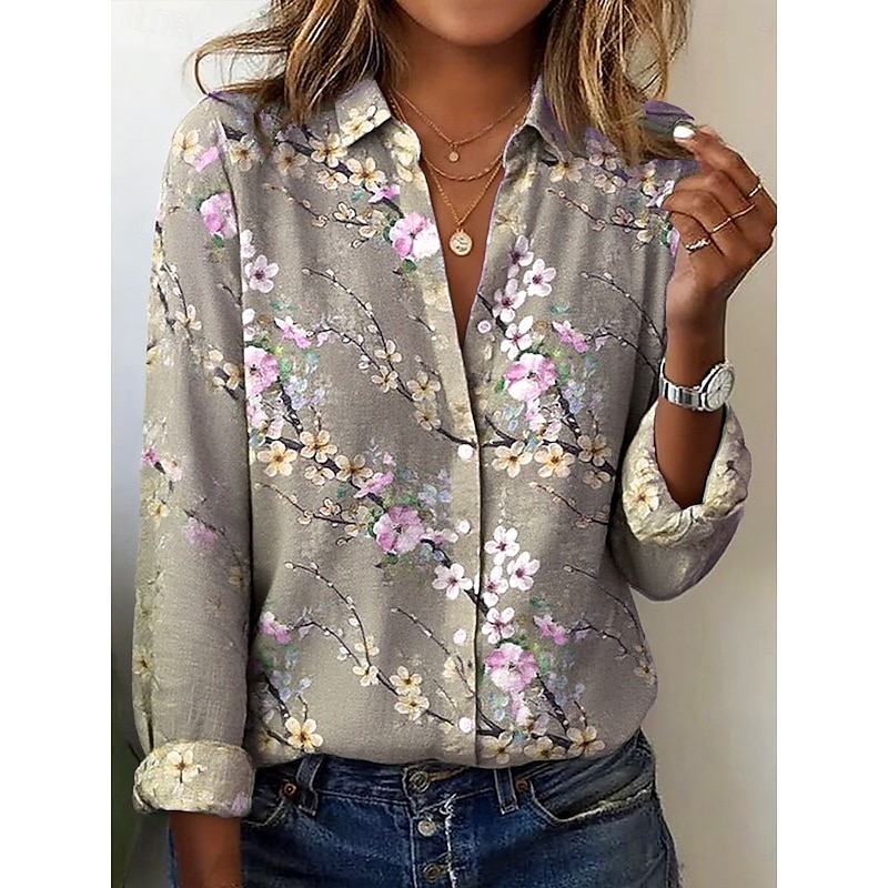 Easter Women's Shirt Floral Graphic Elegant Bohemia Vintage Long Sleeve Shirt Collar Regular Tops Work Daily Buttons Print Yellow Blue Green Spring Fall Winter2