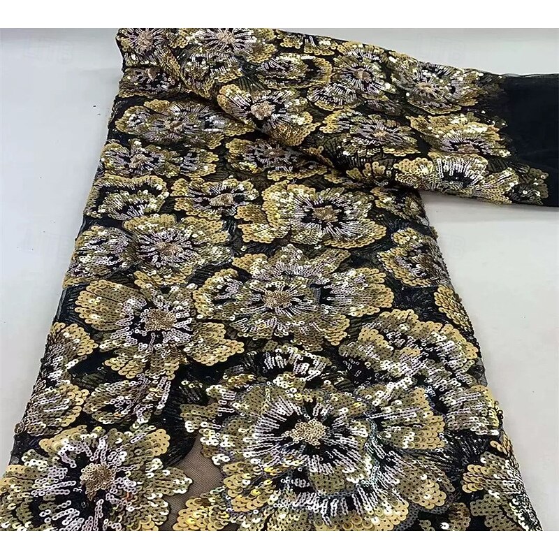 Black and Gold Sheath / Column Cocktail Dresses Elegant Formal Dress Formal Wedding Tea Length Midi Length Long Sleeve Boat Neck Stretch Crepe with Floral Sequin Applique 20252