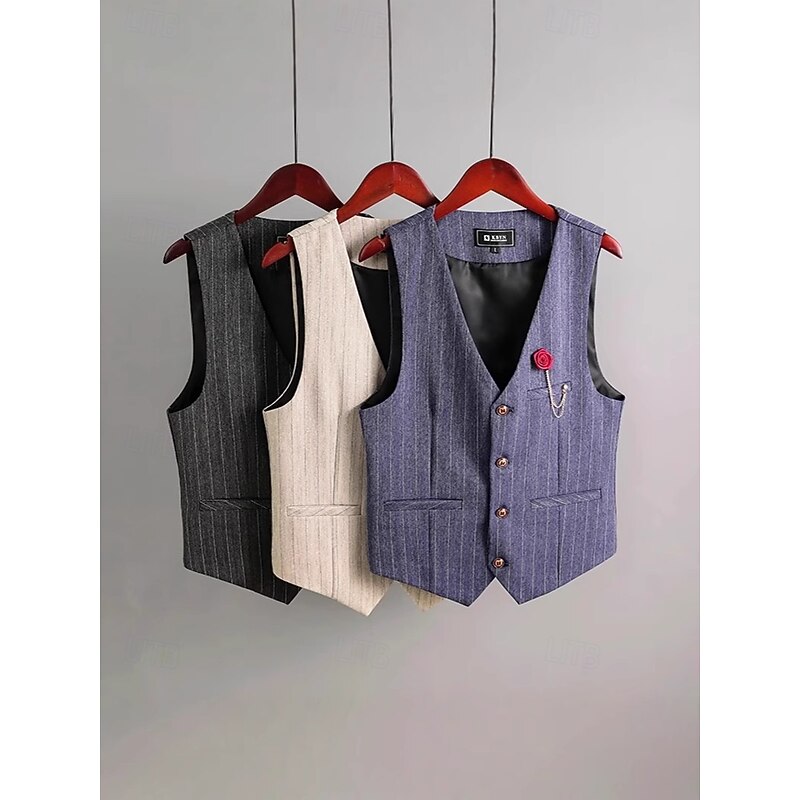 Male Vest Waistcoat Formal Performance Wedding Christmas Vintage Fall Winter Stripe Polyester Striped Single Breasted V Neck Tailored Fit Navy Blue Beige Gray Vest3