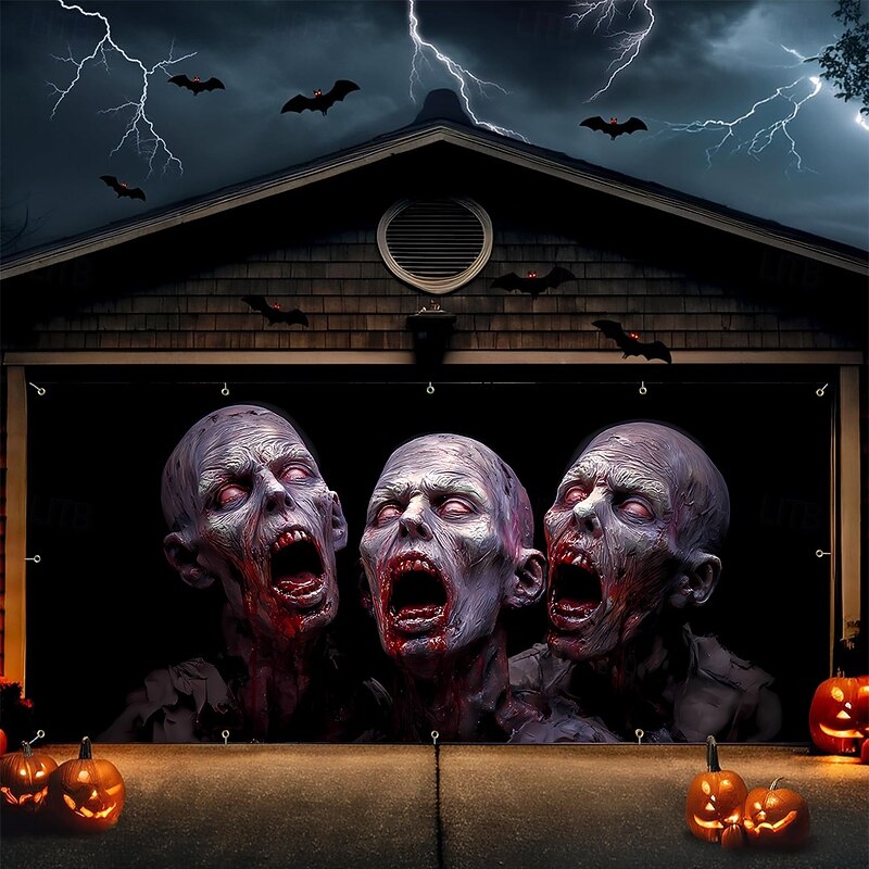 Halloween Garage Door Cover Large Hanging Backdrop Bloodstains Zombies Zombie Containment Unit Dark Punk Gothic Style Party Outdoor Shooting Backgrounds Yard Haunted House Home Decor4