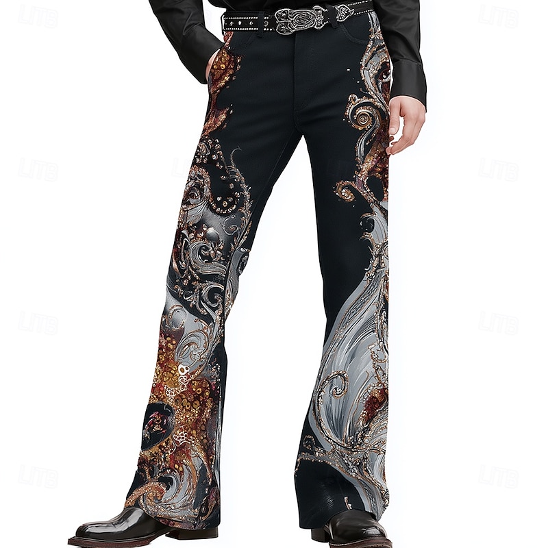Men's Floral Print Ethnic Flowers Trousers Disco Pants 60s 70s Bell Bottoms Mid Waist Western Vintage Retro Outdoor Vacation Casual Side Pockets Flared Leg Pants Trousers Spring Fall 3D Print Black2
