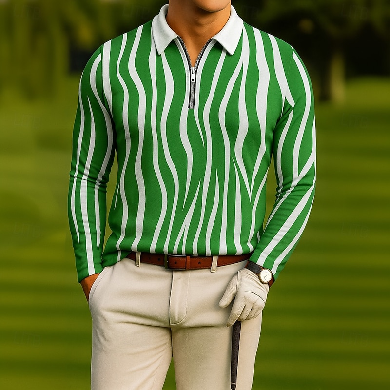 Men's Geometric Golf Polo Long Sleeve Turndown Modern Leisure Sports & Outdoor Athleisure Casual Daily Zipper 3D Print Spring Fall Blue Purple Green3