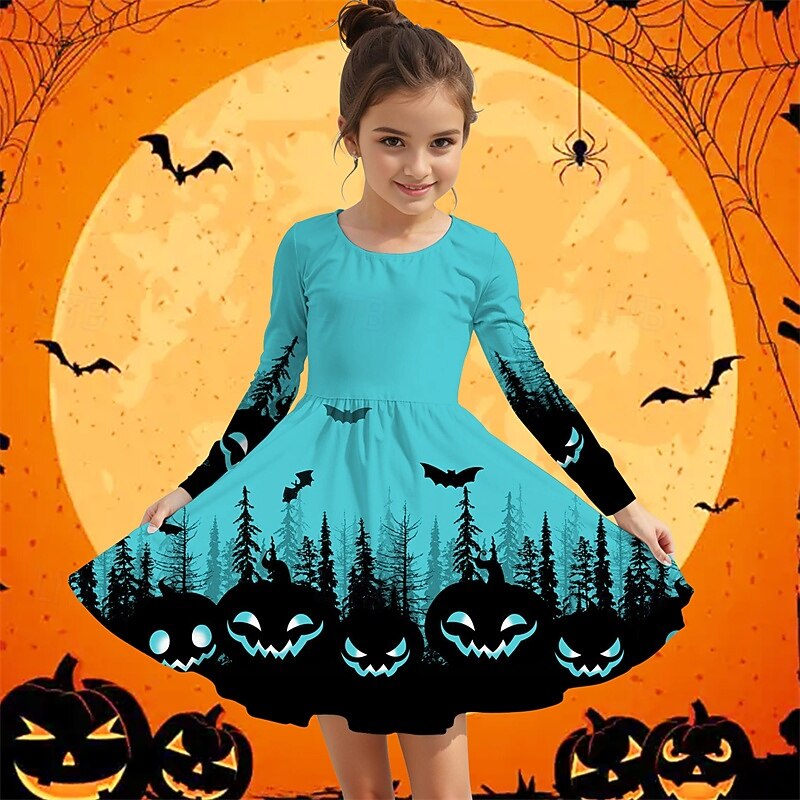 Halloween Girls' 3D Pumpkin Bat Dress Long Sleeve Summer Spring Vacation Daily Holiday Princess Beautiful Sweet Kids 4-12 Years Casual Dress A Line Dress Knee-length Regular Fit3