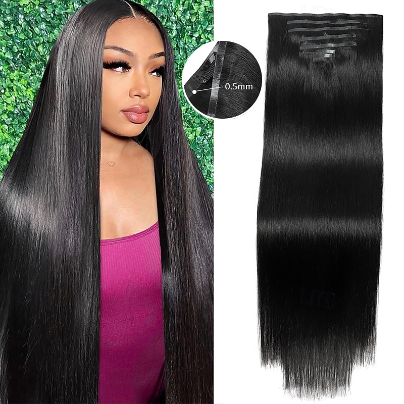 20-24 Straight Hair Long 7PCS Set Thick Clip in on Hair Extensions Natural Black