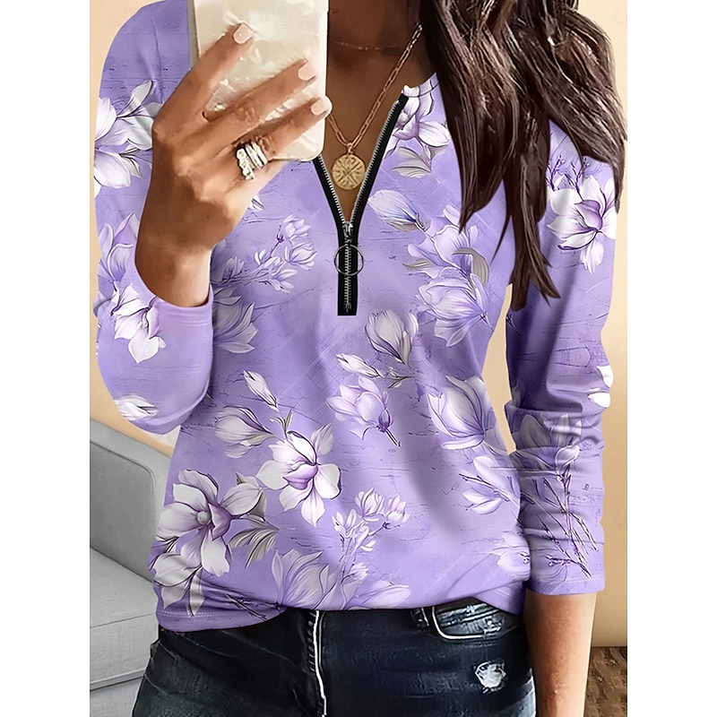 Women's T Shirt Floral Graphic Vintage Fashion Stylish Long Sleeve Crew Neck Regular Tops Daily Zipper Print Yellow Pink Purple Green Gray Spring Fall Winter3