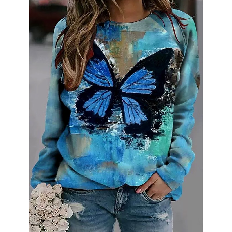 Women's Pullover Graphic Animal Butterfly Casual Long Sleeve Crew Neck Regular Tops Casual White Blue Dark Blue Fall Winter3
