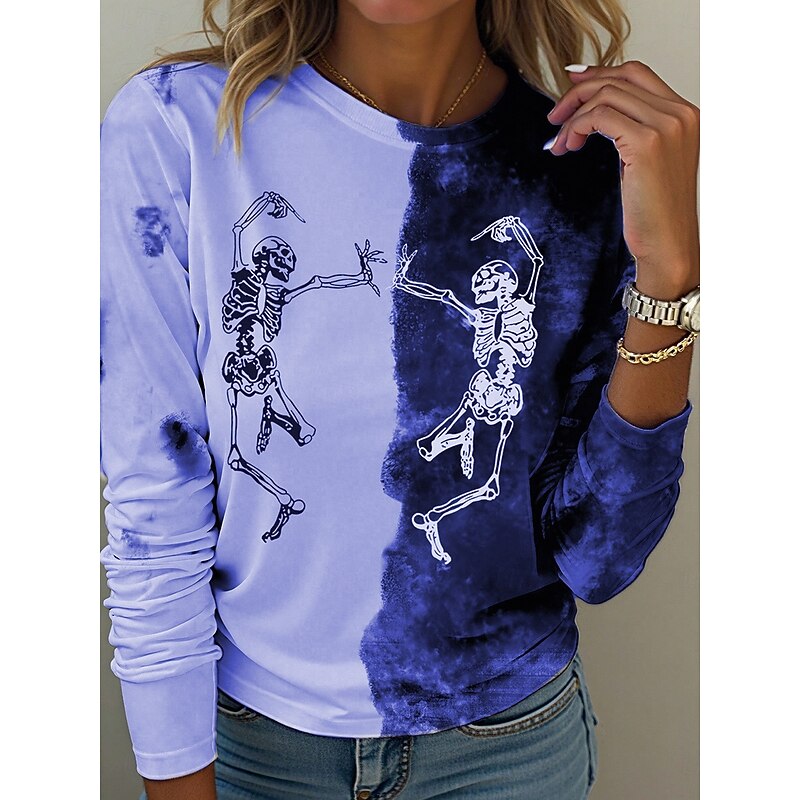 Halloween Women's T Shirt Skulls Graphic Vintage Fashion Casual Long Sleeve Crew Neck Regular Tops Daily Weekend Print Red Blue Purple Green Gray Fall Winter3