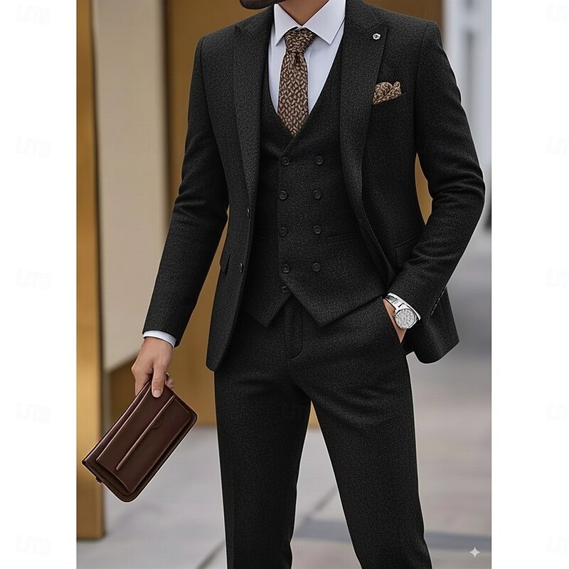 Men's Wedding Party Tweed Suits Peaked Lapel Black Brown Daily Solid Colored Tailored Fit 3 Piece Single Breasted Two-buttons