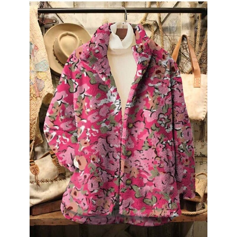 Women's Winter Coat Sherpa Jacket Comfortable Breathable Print Casual Floral Vacation Street Casual Daily Wear Zipper Regular Turndown Loose Fit Long Sleeve Outerwear Pink Wine Navy Blue Spring Fall2