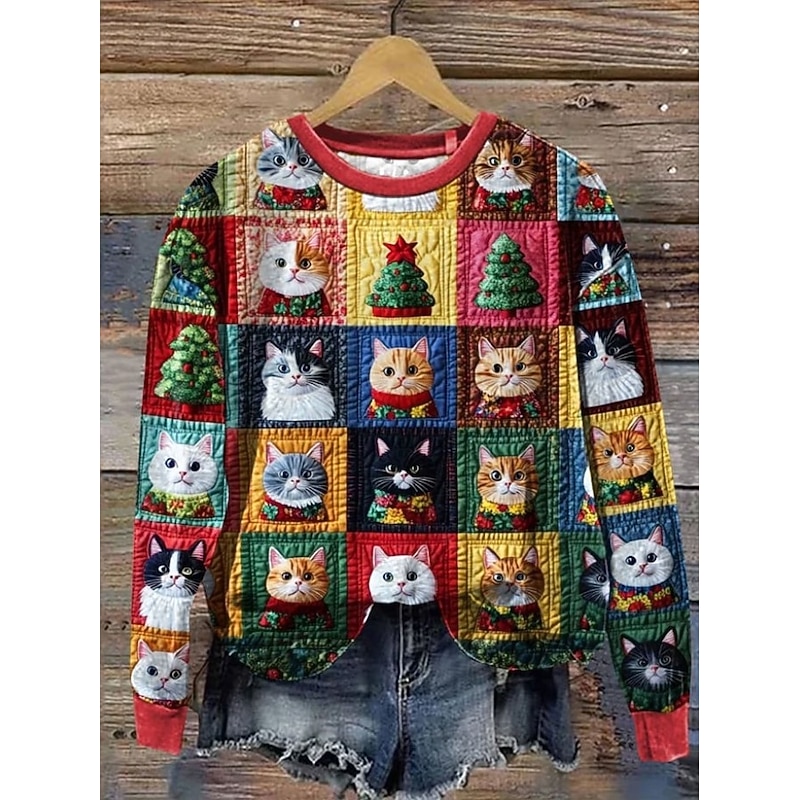 Women's Pullover Sweatshirt Cat Christmas Active Vintage Casual Long Sleeve Crew Neck Regular Tops Street Dailywear Casual Print Yellow Red Fall Winter2