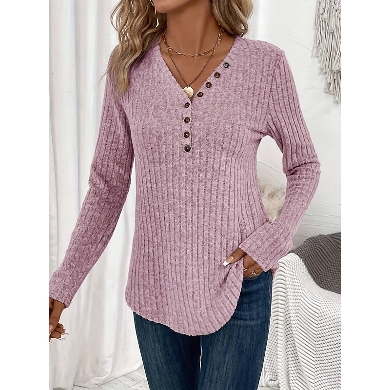 Women's Sweater Casual Soft Pure Color Ribbed V Neck Knitted Long Sleeve Regular Tops Knit Outdoor Daily Weekend Pink Red Fall Winter4