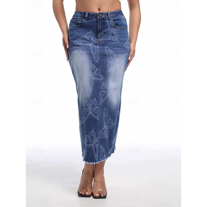 Women's Skirt Bodycon Fashion Casual Midi High Waist Skirts Floral Pocket Print Inelastic Street Daily Blue Spring Polyester Denim